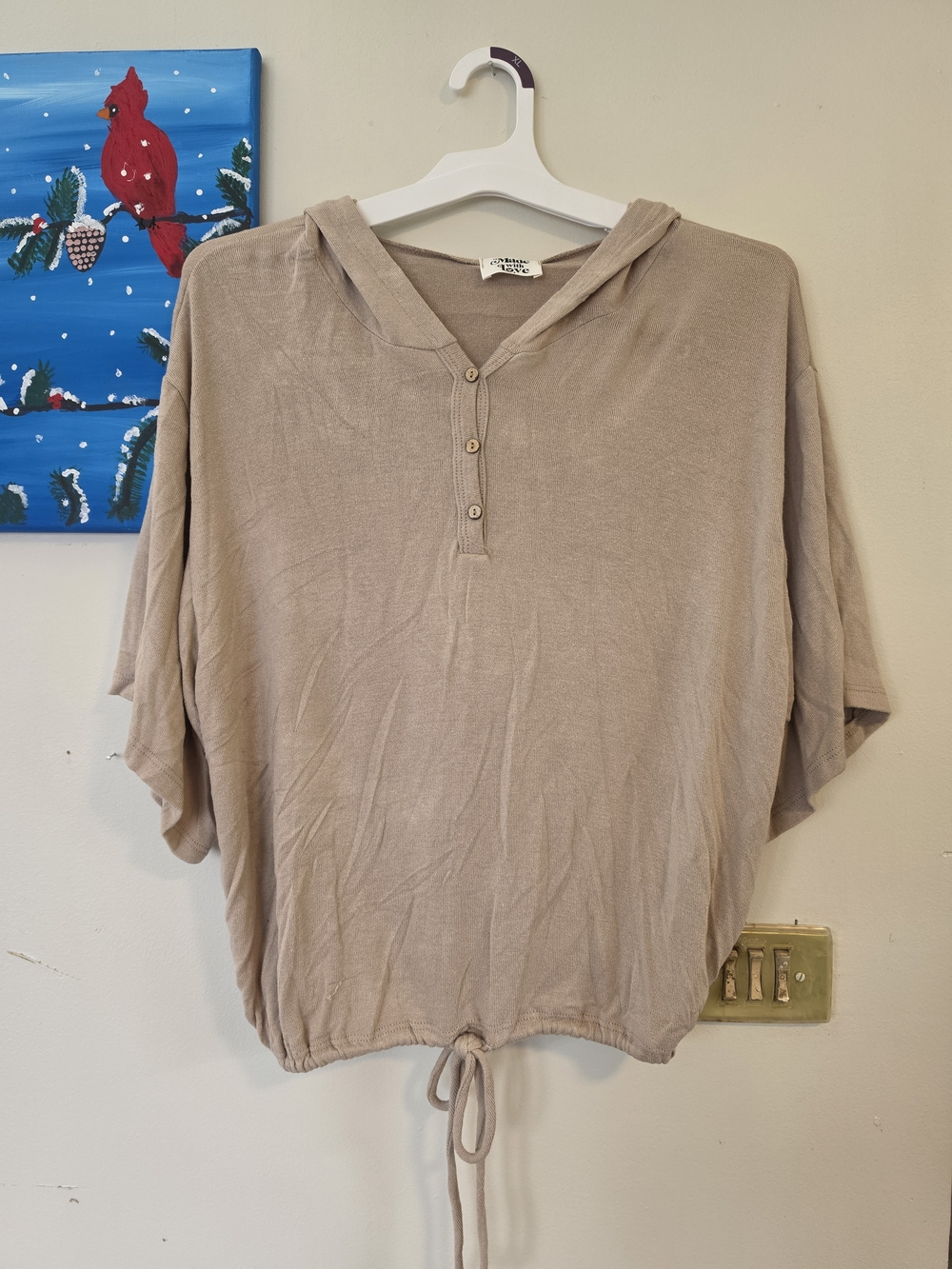 Casual Beige Hooded Top with Drawstring